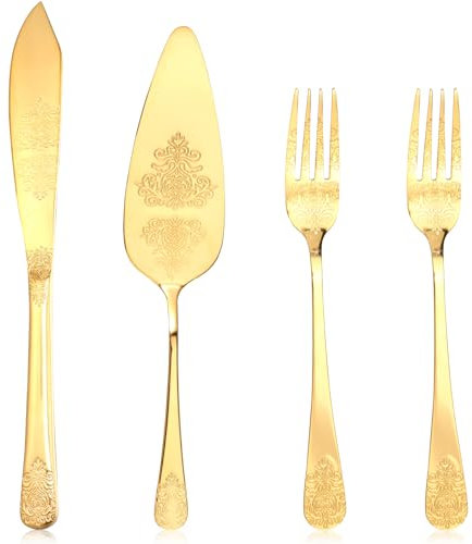 VAVPUP 4-Piece Gold Cake Serving Set Stainless Steel Cake Knife & Server with Royal Engraving Mirror-Polished Wedding Cutlery Set for Birthday/Party/Home(Gold)