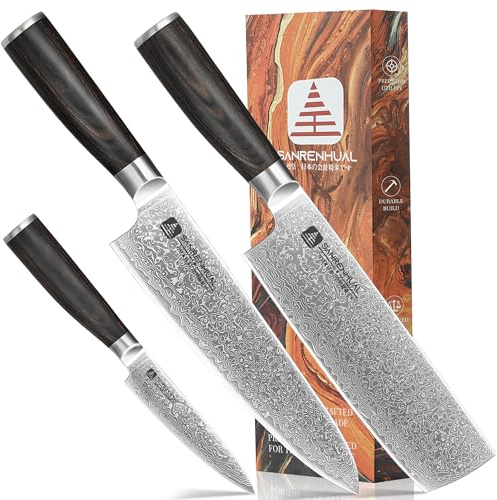 SANRENHUAL Japanisches Damastmesser-Set, 3-teilig, Japanisches Damast-Kochmesser-Set, 3-teilig, Rasiermesserscharfes professionelles japanisches Messer-Set, Geschmiedet aus Hochdamast