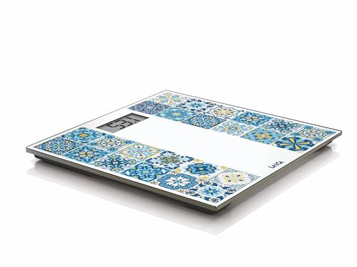 LAICA PS1083B Bilancia Pesapersone Ricaricabile Mediterranean Breeze, Blu | Display LCD, vetro temperato, design italiano ispirato alle maioliche, ricarica con cavo USB, portata massima 180kg