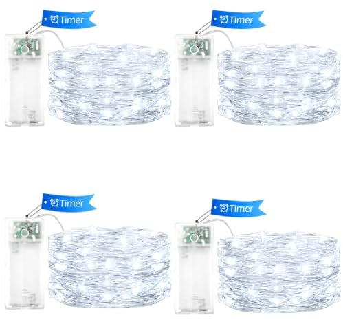 ENLACE 4 Stück LED Lichterkette Batterie mit Timer, 2M 20 LED Micro Kupferdraht Lichterkette Innen Batteriebetrieben, Weiß Lichterketten für Hochzeit, Kinderzimmer, Weihnachten, Party Dekoration