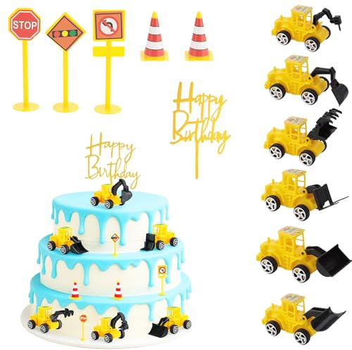 21pcs Mini Digger Cake Decorations - Construction Cake Decorations with Road Toy Sign, Crane Birthday Decorations, Digger Cake Topper, Kids PartyToys, Excavator Construction Vehicles Baby Shower