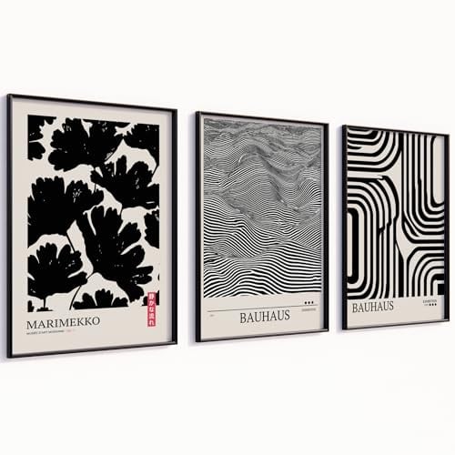 MJ-GRAPHICS® Bauhaus Poster Set Beige Schwarz Weiß Kunstdrucke Wandbilder mit Rahmen Poster Set A4 Bilder für Wohnzimmer Deko Schlafzimmer Moderne Kunst Schlafzimmer Schwarzer Rahmen