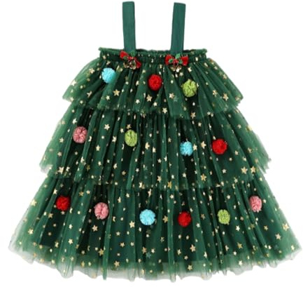 Vestido Navidad Niña Disfraz Navidad Bebe Arbol Disfraz Vestido Navidad Niña Vestidos de Tul Lentejuelas de Estrella con Pompones Vestidos Brillante sin Mangas Traje Navideño para Niñas Pequeña