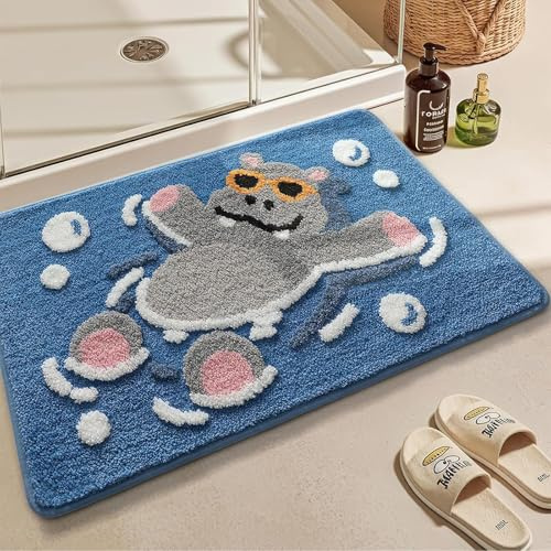 Justup Niedliche Hippo Badezimmerteppich, 50x80 cm Antirutsch Badematte | Blau Saugfähiger Rutschfeste Badematte mit Tiermotiven, Maschinenwaschbar, Fußmatte für Badezimmer, Duschraum, Schlafzimmer