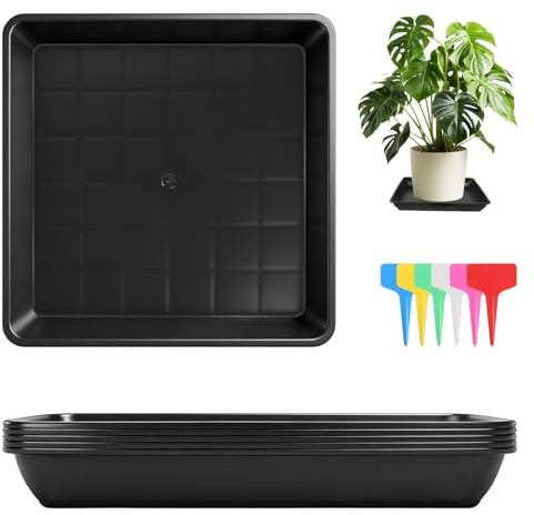 HFDONGL 5 Stück Blumentopf Untersetzer Eckig 30X30cm Pflanzen Untersetzer Blumentopf Eckig Blumenuntersetzer mit 12 Stück Etikett Plastik Pflanzenuntersetzer für Outdoor Indoor Pflanzkübe