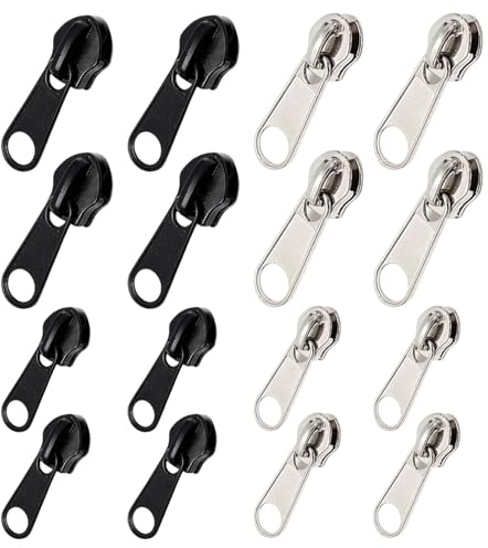 RVYEIOP 16 Stk. Reißverschluss Zipper Ersatz Set - Universal Reparaturset mit Schieber Größe 8# und 10# in Schwarz & Weiß - Metall Zipper Pull für Jacken, Koffer, Zelte und Taschen