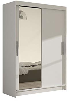 Mirjan24 Kleiderschrank Miami VI mit Spiegel, Modernes Schiebetürenschrank, Schlafzimmerschrank, Garderobenschrank für Schlafzimmer (Weiß)