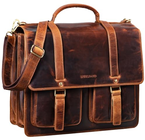 STILORD 'Fernando' Ledertasche Aktentasche Vintage Große Umhängetasche für Lehrer Business Laptoptasche Trolley Aufsteckbar Echtes Leder, Farbe:kara - cognac