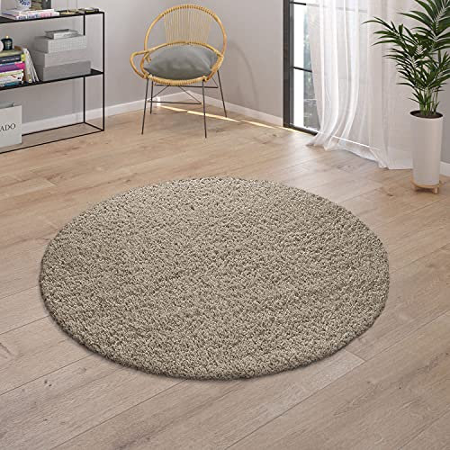 Paco Home Teppich Wohnzimmer, Schlafzimmer/Hochflor Shaggy in versch. Designs Farben und Größen, Grösse:120 cm Rund, Farbe:Beige 5