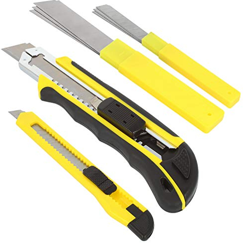 com-four® 2x Cuttermesser mit Ersatzklingen - Teppichmesser - Scharfes Cuttermesser in 2 Größen (gelb - 2 Stück)