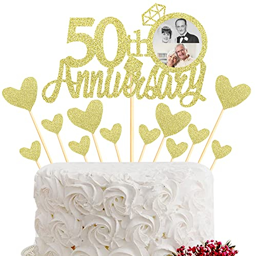Sumerk 50th Anniversary Cake Topper,13pcs Gold Glitter Cake Toppers Cake Decorations for 50th Wedding Anniversary Celebration Party