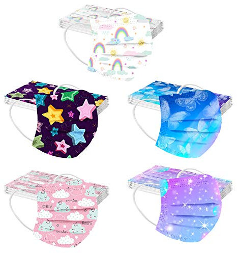 Lulupi 50 Stück Kinder Mundschutz Einweg 3-lagig Mund und Nasenschutz Multifunktionstuch 3D Cartoon Druck Maske Tücher Bunt Bandana Mund-Nasenschutz Atmungsaktiv Halstuch Schals für Jungen Mädchen