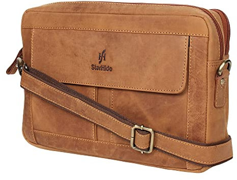 STARHIDE Pochette Bandoulière, Sac à bandoulière en cuir véritable vieilli pour iPad et tablette Marron
