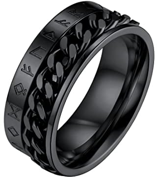 FaithHeart Schwarz Fingerring mit Rune Symbol Panzerkette Spinnerring zum drehen Hip pop Fingerring mit Geschenkebox für Valentinstag Geburtstag
