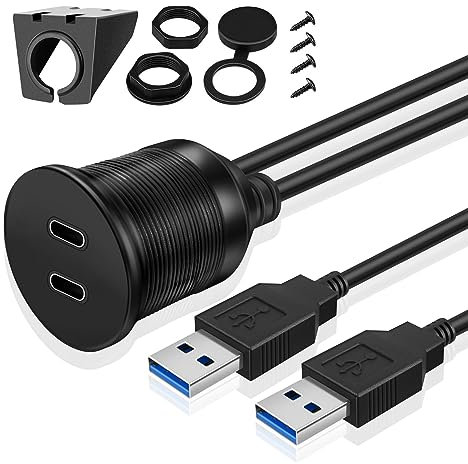 TNP USB C Einbaubuchse Kabel - 1m, Kfz USB 3.0 Einbau Buchse Kabel, USB Typ C Verlängerungskabel, USB Armaturenbrett Kabel, 2X Typ A Stecker auf 2X Typ C Buchse für Auto, LKW, Boot, Motorrad, schwarz