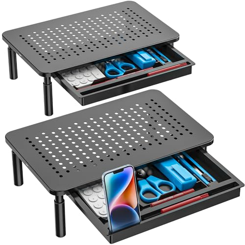 WALI Monitorständer mit Schublade, Monitor Erhöhung Schreibtisch mit Gitterlochplattform für Laptop, Computer, Drucker bis 20 kg, Bildschirmerhöhung 3 Höhenverstellbar (STT003D-B), 1 Packung, schwarz