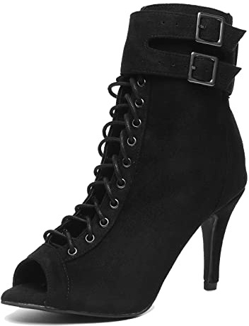 MINITOO Femmes Latine Salsa Danse Chaussures Fete Prom Sandales Bottes L509 Noir 8.5cm Talon EU 36.5