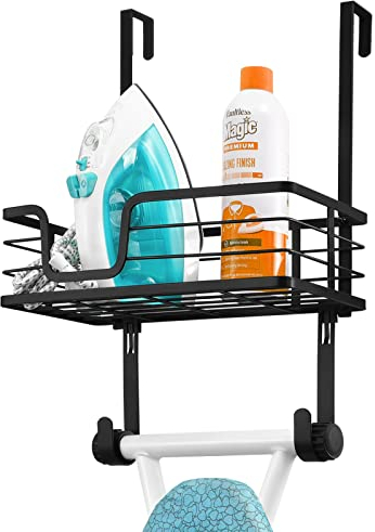 KES Ironing Board Hanger with Metal Basket and Adjustable Hooks, Over Door Ironing Board Holder No Drill Matte Black, HIR500B-BK