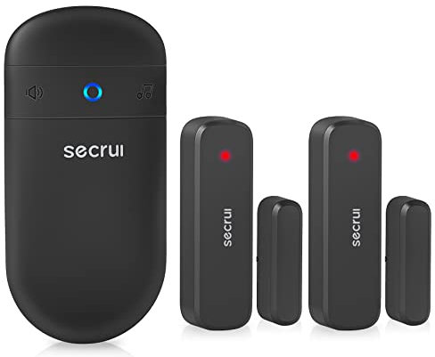 SECRUI Wireless Door Open Sensor Alarm Chime, 400ft Operating Range 52 Chimes Volume with Mute Mode Led Indicators 1 Plug-in Receiver 2 Magnetic Door Alarm Sensor for Home Store Office Security Black