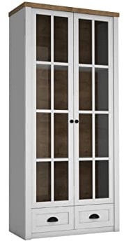 Vitrine Provence W2S PR20 mit 2 Türen, 2 Schubladen und 4 Fächer, Stadvitrine, Hochschrank, Vitrinenschrank, Glasvitrine, Schrank (Kiefer Andersen / Eiche Lefkas Dunkel, mit weißer LED Beleuchtung)