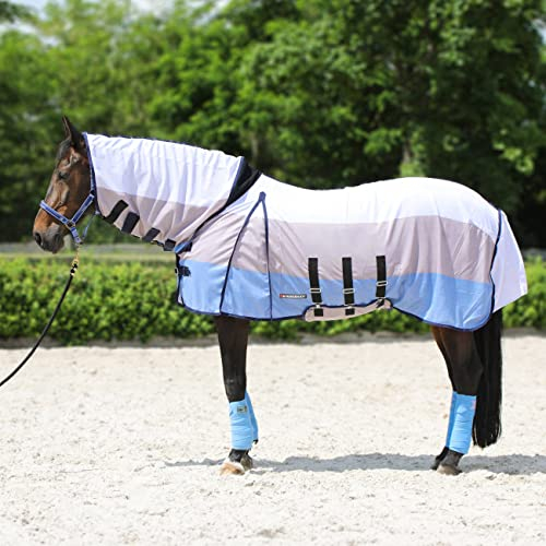 Fliegendecke Horsenjoy blau-beige-Weiß mit Halsteil Davina (155 cm)