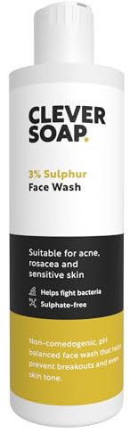 Clever Soap 3% Sulphur Face Wash - Exfoliating Blemish Control Cleanser - Antibacterial, Sensitive Sulfur Soap - Fragrance Free Moisturising Formula For Oily Skin - Men & Women