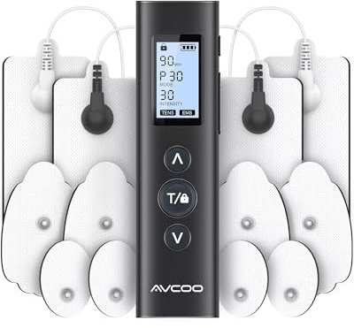 AVCOO 30 Modes TENS EMS Unit Compact Muscle Stimulator for Pain Relief of Back, Shoulder, Neck, Rechargeable & Portable Dual Channel EMS Muscle Stimulator with 30 Intensity Levels, 12 Electrode Pads
