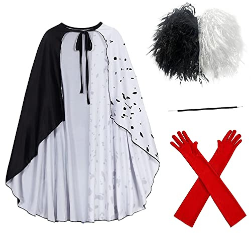 Carnavalife Cruella Devil Umhang für Damen, Weiße und Schwarze Perücke, Kostüm, Lange Rote Handschuhe und Zigarre für Dalmatiner-Kostüm, Erwachsene, Halloween
