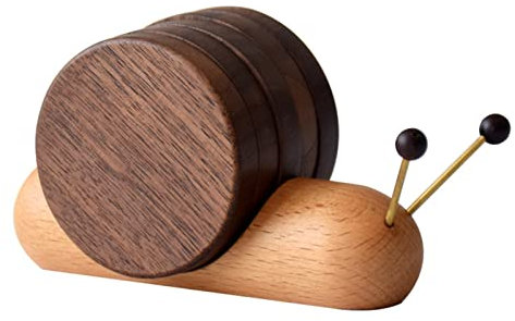 5pcs Cute Snail Shape Wooden Round Coasters Tabletop Protection Coasters Wooden Snail Coasters with Magnet Bar Kitchen Home Supplies