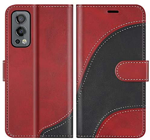 BoxTii Hülle für OnePlus Nord 2 5G, PU Leder Handyhülle für OnePlus Nord 2 5G, Ledertasche Klapphülle Schutzhülle mit Kartenfächer und Magnetverschluss, Rot