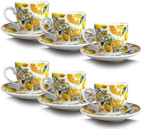 ARCA, Set di 6 Tazze con Piatto da 11 cm, Realizzate in Porcellana, Semplici e Pratiche, Lavabili in Lavastoviglie, Collezione Lemon, 6x5 cm