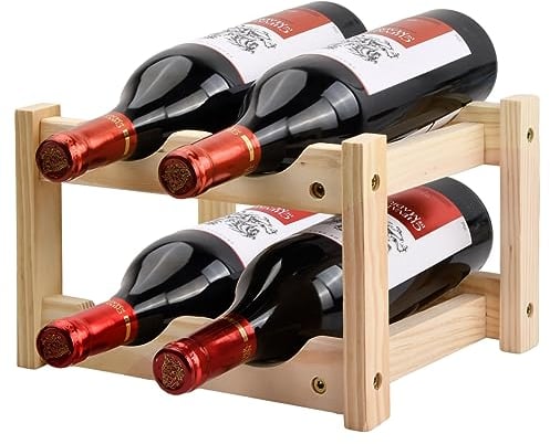 Fangehong Wooden Wine Rack, 2 Tier 4 Bottles Wine Bottle Display Shelves, Free Standing Wine Storage Holder, Wine Racks for Kitchen Pantry Wine Cellar Bar Home Decoration (A)