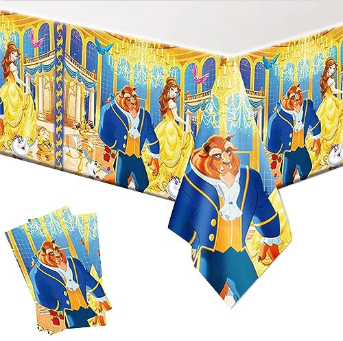DoMiDoLa Paquete de 2 manteles desechables de La Bella y la Bestia, para fiestas de cumpleaños, suministros y decoraciones para niños, baby shower, mesas de princesa, 70 x 42 pulgadas