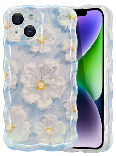 EYZUTAK Case for iPhone 14, Colorful Retro Oil Painting Flower Laser Glossy Pattern Cute Curly Wave Border Exquisite Phone Cover Stylish Durable TPU Protective Case for Girls Women - Light Blue