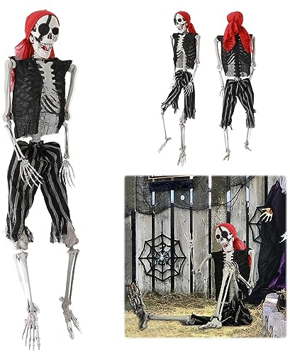 165 cm lebensgroßes Skelett mit Piratenkostüm, Halloween-Skelett, Ganzkörper-Skelett, große menschliche Knochen, realistisches Kunststoff-Skelett mit beweglichen Gelenken für Halloween-Pose,