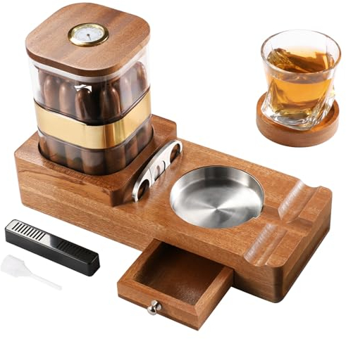SWEWARM Zigarren-Humidor und Zigarren-Aschenbecher Set, Holz Zigarren Aschenbecher Set mit Zigarrenschneider und Untersetzer, Reisekompakter Zigarrenhalter, tolles Zigarrenzubehör Geschenk für Männer