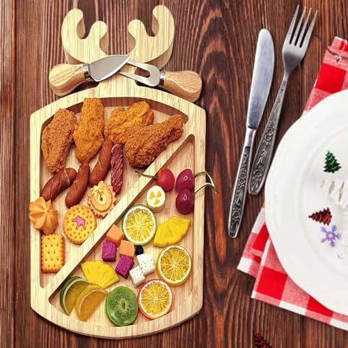 Bambus-Servierplatte, mehrere Räume, wiederverwendbare Bambusteller, neuartige Form, Charcuterie-Brett-Set mit Messer und Gabel, Obst, Brot, Salatteller für Weihnachten, Thanksgiving (Hirsch)