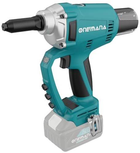 Pistola per Rivetti a Batteria, ONEMANA 20V Rivettatrice a Batteria Completamente Automatica 480RPM 20000N Lunghezza Corsa 20 mm, Pistola per Rivetti Senza Compatibile con Batteria Makita