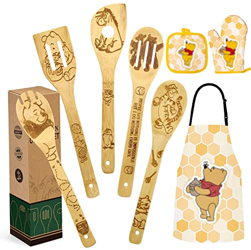 Geschenke Zum Muttertag für Mama Personalisiert, Bambus Kochlöffel Schürze Topfhandschuh Topfuntersetzer Set, Einweihungsgeschenk wohnung Geburtstagsgeschenk für Frau