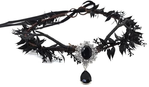 LIANCHEN Schwarze Fee Blumen Stirnband Waldelfe Kronen Haarreif aus Geweih Feen Blumenkrone Elfen-tiara Elfenkopfschmuck Wald-Stirnband für Frauen, Mädchen, Halloween, Cosplay Party