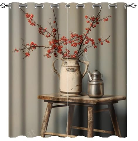 DEBAOKA Rustikale Beeren-Verdunkelungsvorhänge für Schlafzimmer, Landhausstuhl, weiße Vase, wärmeisolierte Ösen, Fenstervorhänge, Raumverdunkelungsvorhänge für Wohnzimmer, 2 Paneele