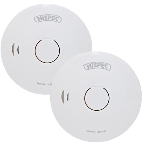 Hispec Battery Operated Smoke Detector Twin Pack, 10 Year Sealed Lithium Battery, Hush Feature, 85dB Alarm, Low Battery Warning, Power/Alarm Test Button, Wall Plugs & Screws Included