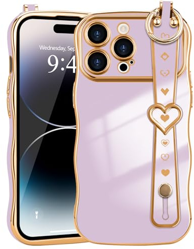 LLZ.COQUE for iPhone 14 Pro Max Case Love-Heart Wrist Strap Wave Frame | Hand Strap Stand, Plating Heart for Women Cover, Raised Camera Protection, Anti-fall Shockproof TPU Phone Case, Light Purple
