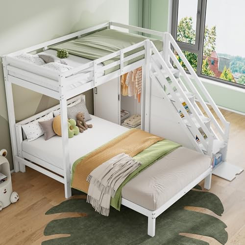 Arhatreya Lettino per bambini 90 (120 x 200 cm, letto a castello con guardaroba, letto in legno con scala portaoggetti, letto in legno massello con grande spazio, per bambini e ragazzi, bianco (senza
