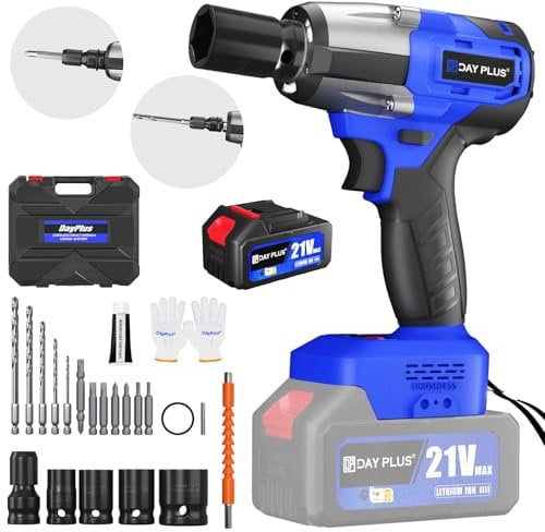 Cordless Impact Wrench, Brushless 1/2 Power Impact Driver, 2500RPM & Max Torque 450Nm, High Torque Electric Wrench with 4 Socket Set, 12 Drill Set, 6.0Ah Battery, 1 Charger, 1 Carry Box, for Car Home