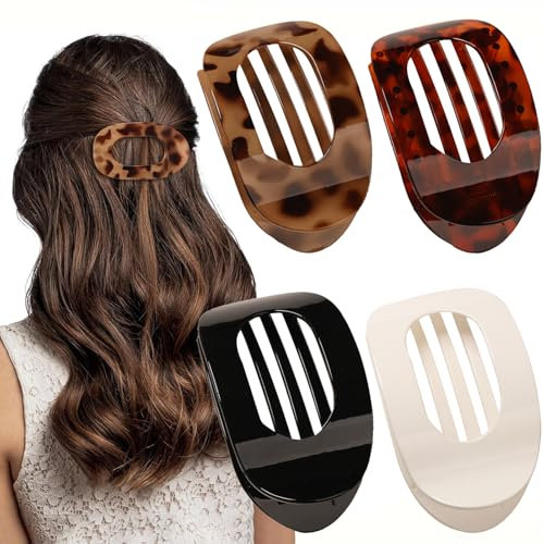 FloralGrace Juego de 4 pinzas planas para el pelo con estampado de leopardo, pinzas redondas para mujeres y niñas, pinzas planas con fuerte sujeción para cabello grueso y fino