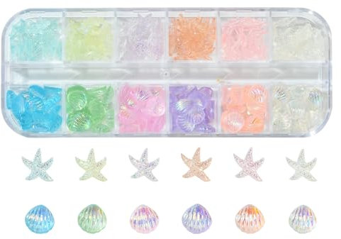 UR URLIFEHALL 180 Pcs 12 Styles Iridescent Resin Cabochons Flatback Starfish Shell Embellishments for Nail Art Crafting Fishbowl Vase Decor