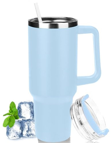 LOITTAINUE Gobelet isotherme de 1180 ml avec paille et anse - Tasse à café à emporter avec couvercle - Double paroi en acier inoxydable - Portable - Pour boissons froides et chaudes - Bleu