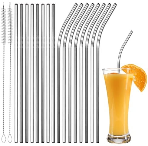 mujaxect Paille Inox, 16 Pièces de 304 Pailles Réutilisables en Acier Inoxydable, 8 Droites + 8 Incurvées + 2 Brosses de Nettoyage, Adaptées à Toutes Sortes de Boissons