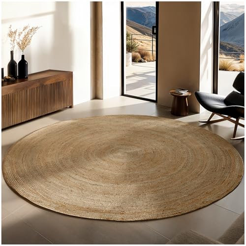 tectake® Teppich rund, handgewebt, aus Jute im Boho Deko, pflegeleichter Teppich für Wohnzimmer Deko modern, im Schlafzimmer, für Badezimmer, im Kinderzimmer, als Küchenteppich oder Läufer - Ø 200cm